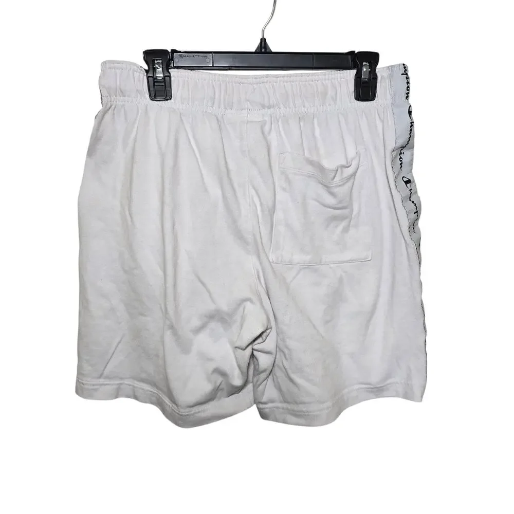 Vintage Mens Champion White Shorts Side Stripe Pockets Cotton Size Med Tie Waist